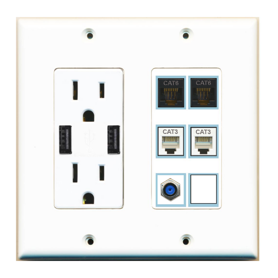 6 Port Custom Keystone Wall Plate w/2 USB Charger Power Outlet