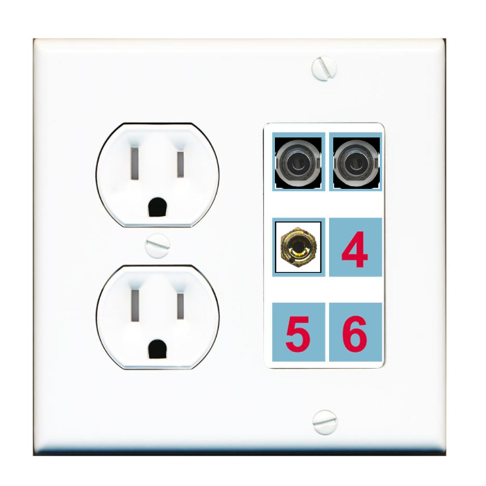 6 Port Custom Keystone Wall Plate w/Tamper Resistant Round Power Outlet
