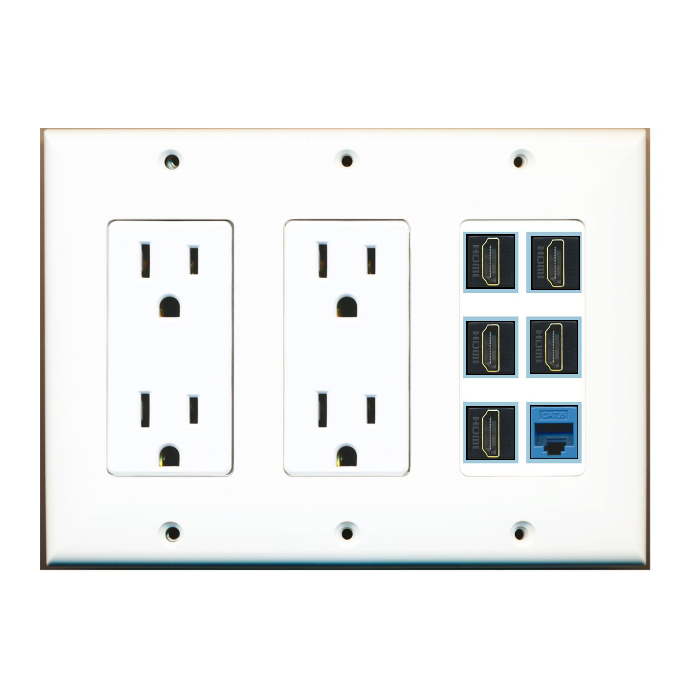 6 Port Custom Keystone Wall Plate w/Dual DecorZ Power Outlet White