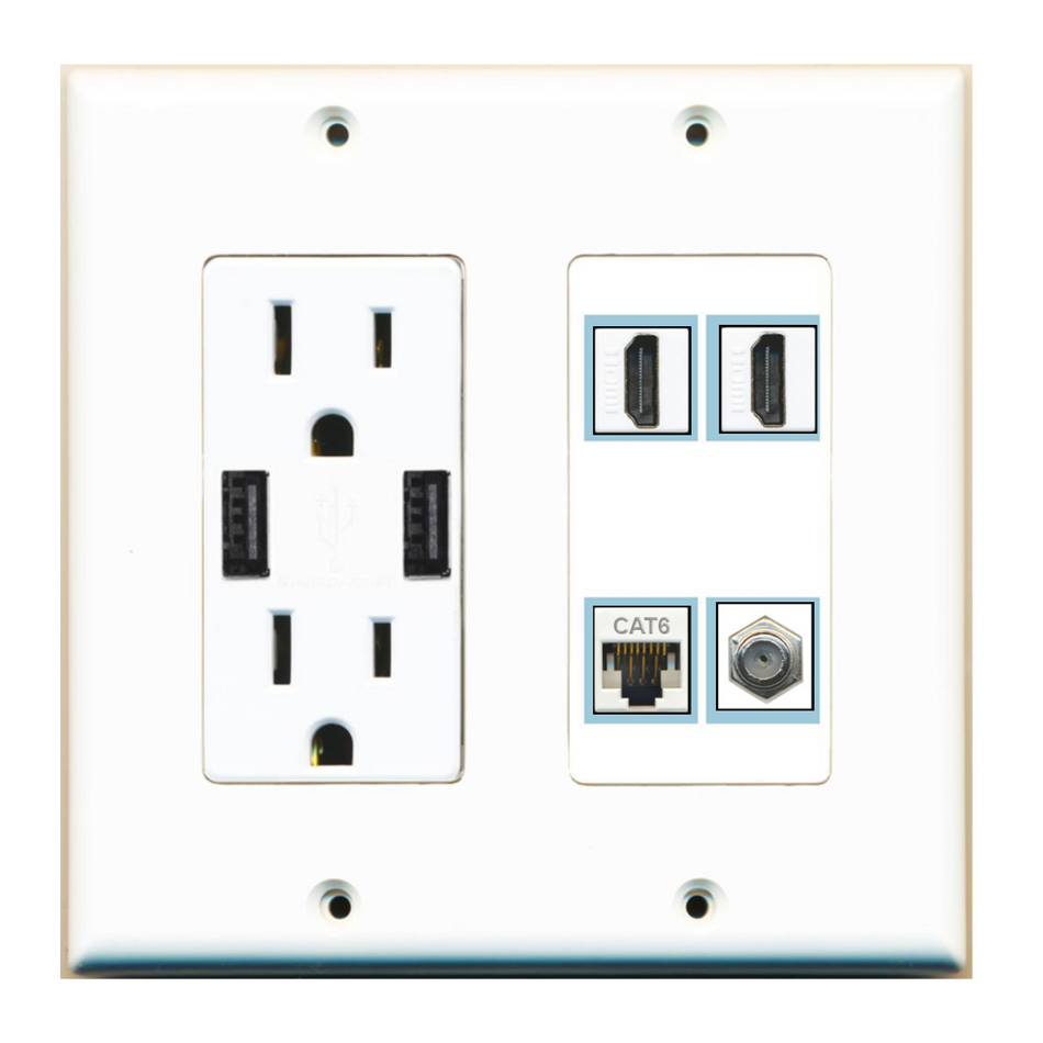 4 Port Custom Keystone Wall Plate w/2 USB Charger Power Outlet