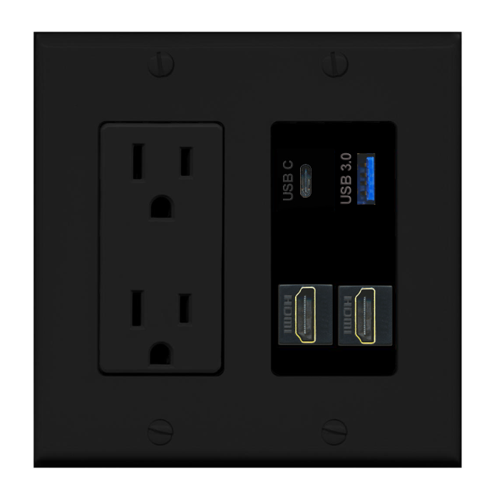 4 Port Custom Keystone Wall Plate w/DecorZ Power Outlet Black