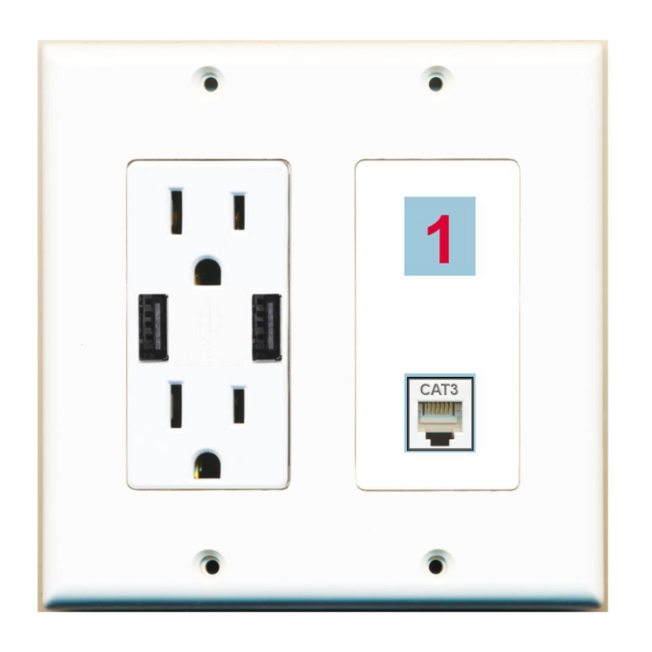 2 Port Custom Keystone Wall Plate w/2 USB Charger Power Outlet