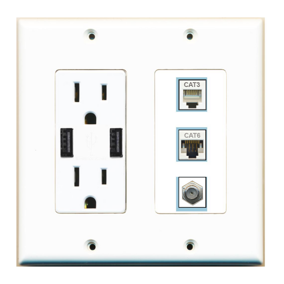 3 Port Custom Keystone Wall Plate w/2 USB Charger Power Outlet