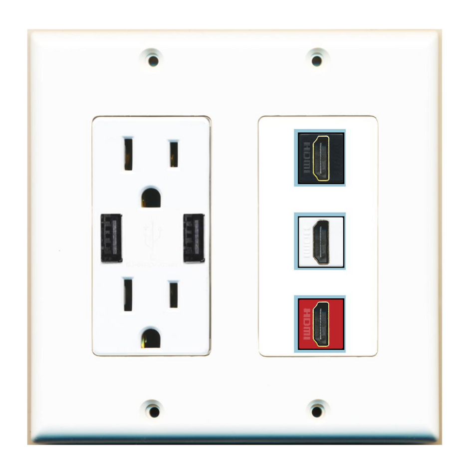 3 Port Custom Keystone Wall Plate w/2 USB Charger Power Outlet
