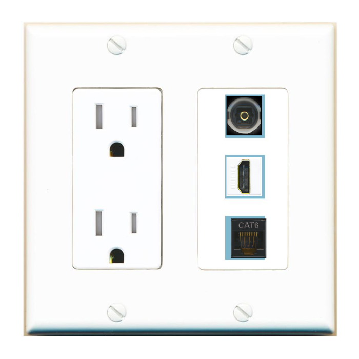 3 Port Custom Keystone Wall Plate with Tamper Resistant DecorZ Power Outlet
