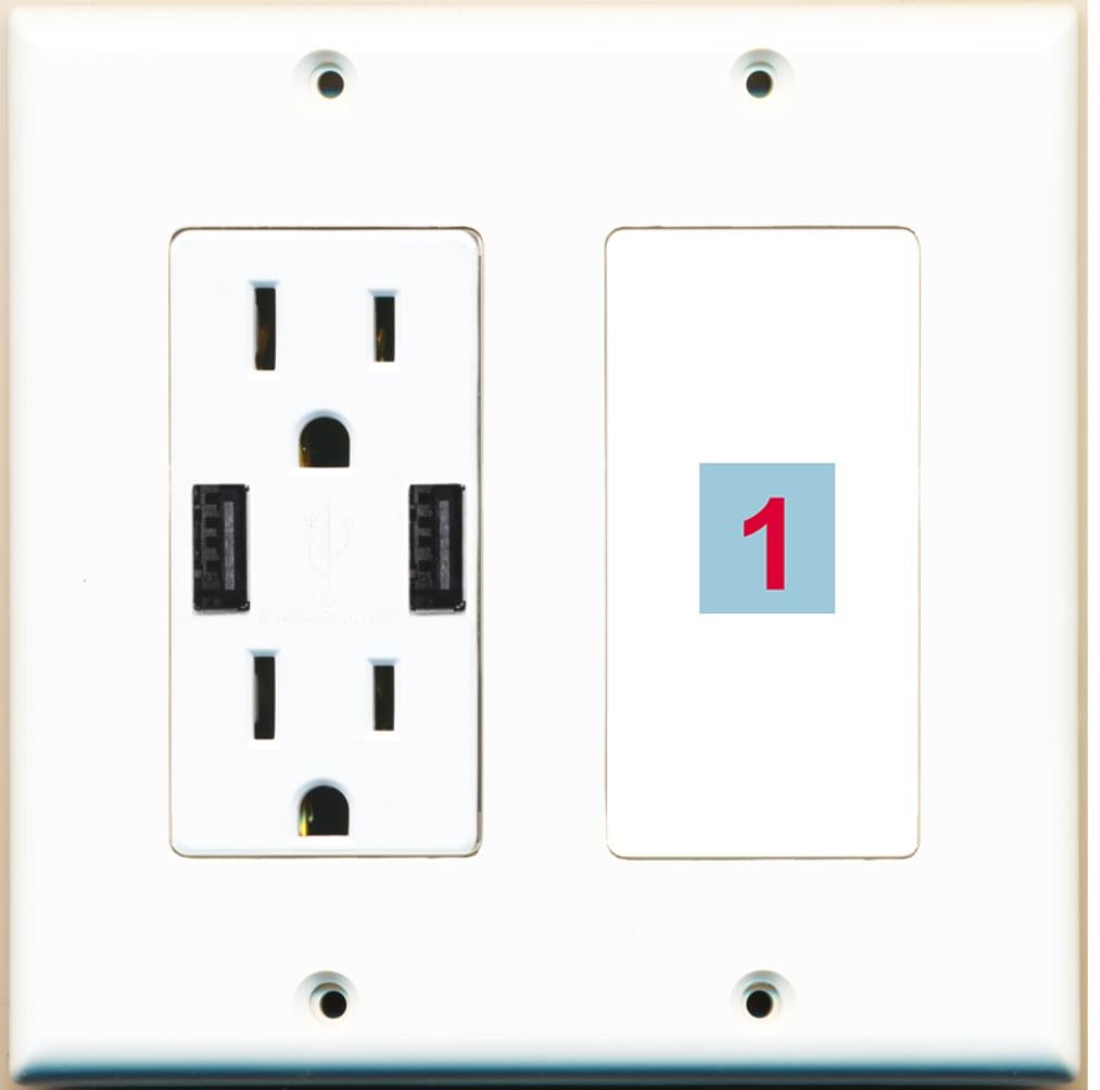 1 Port Custom Keystone Wall Plate w/2 USB Charger Power Outlet