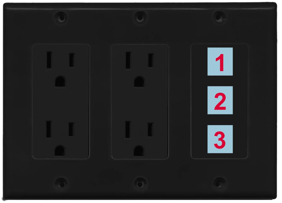 3 Port Custom Keystone Wall Plate w/Dual DecorZ Power Outlet Black
