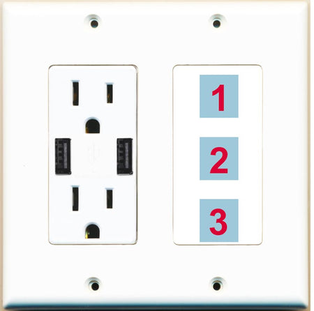 3 Port Custom Keystone Wall Plate w/2 USB Charger Power Outlet