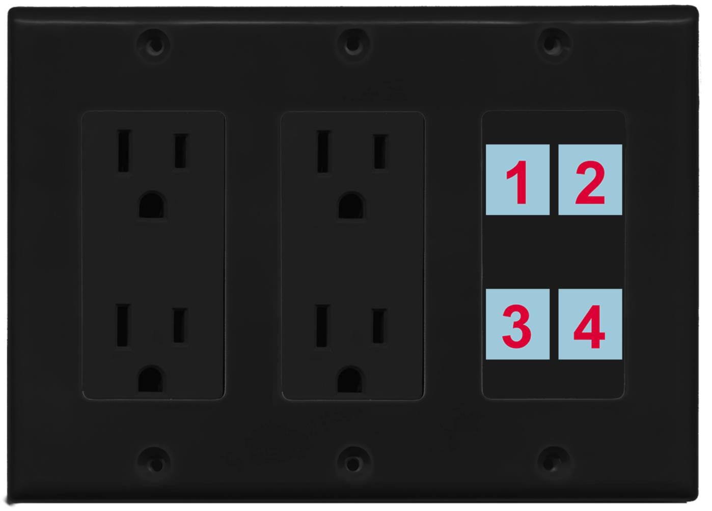 4 Port Custom Keystone Wall Plate w/Dual DecorZ Power Outlet Black