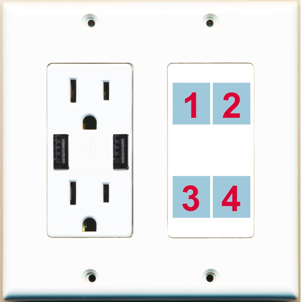 4 Port Custom Keystone Wall Plate w/2 USB Charger Power Outlet
