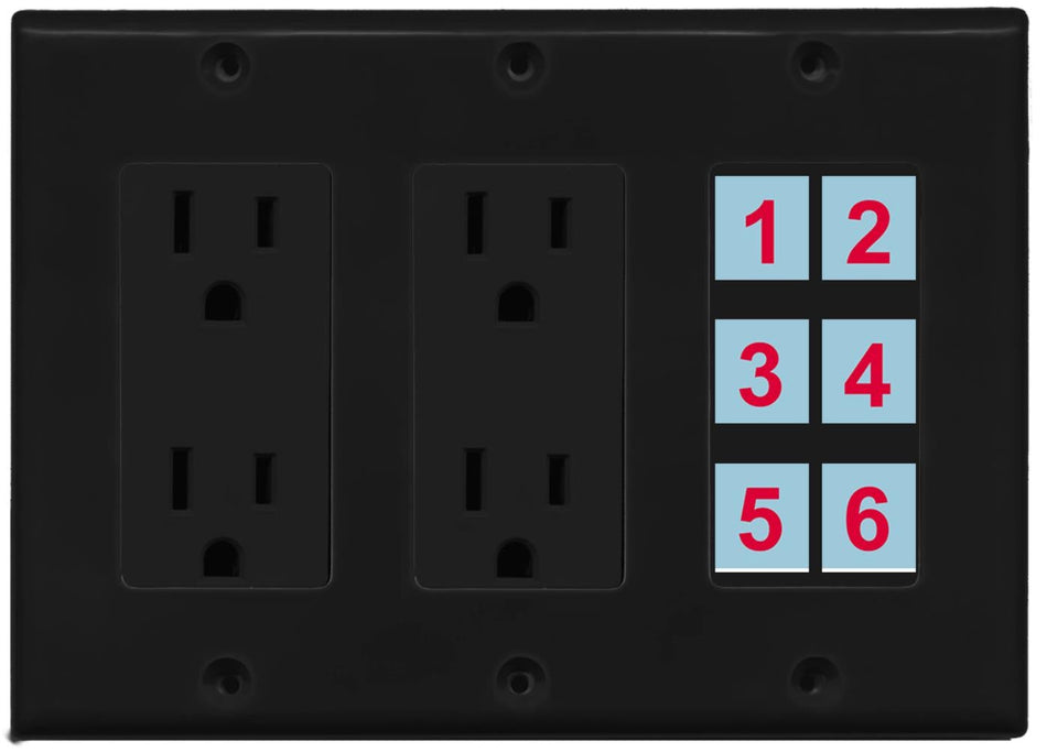 6 Port Custom Keystone Wall Plate w/Dual DecorZ Power Outlet Black