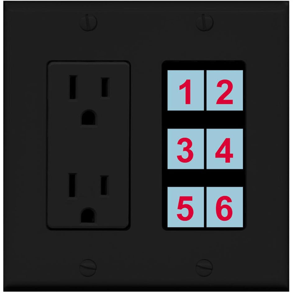 6 Port Custom Keystone Wall Plate w/DecorZ Power Outlet Black