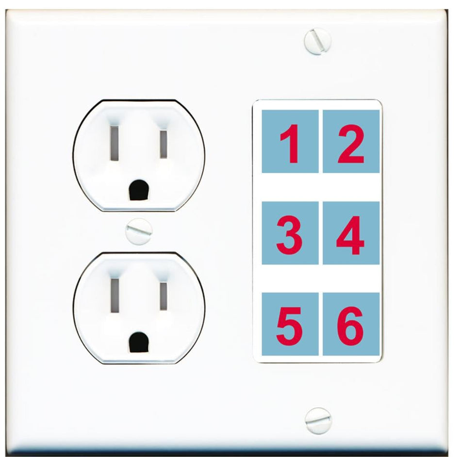 6 Port Custom Keystone Wall Plate w/Tamper Resistant Round Power Outlet