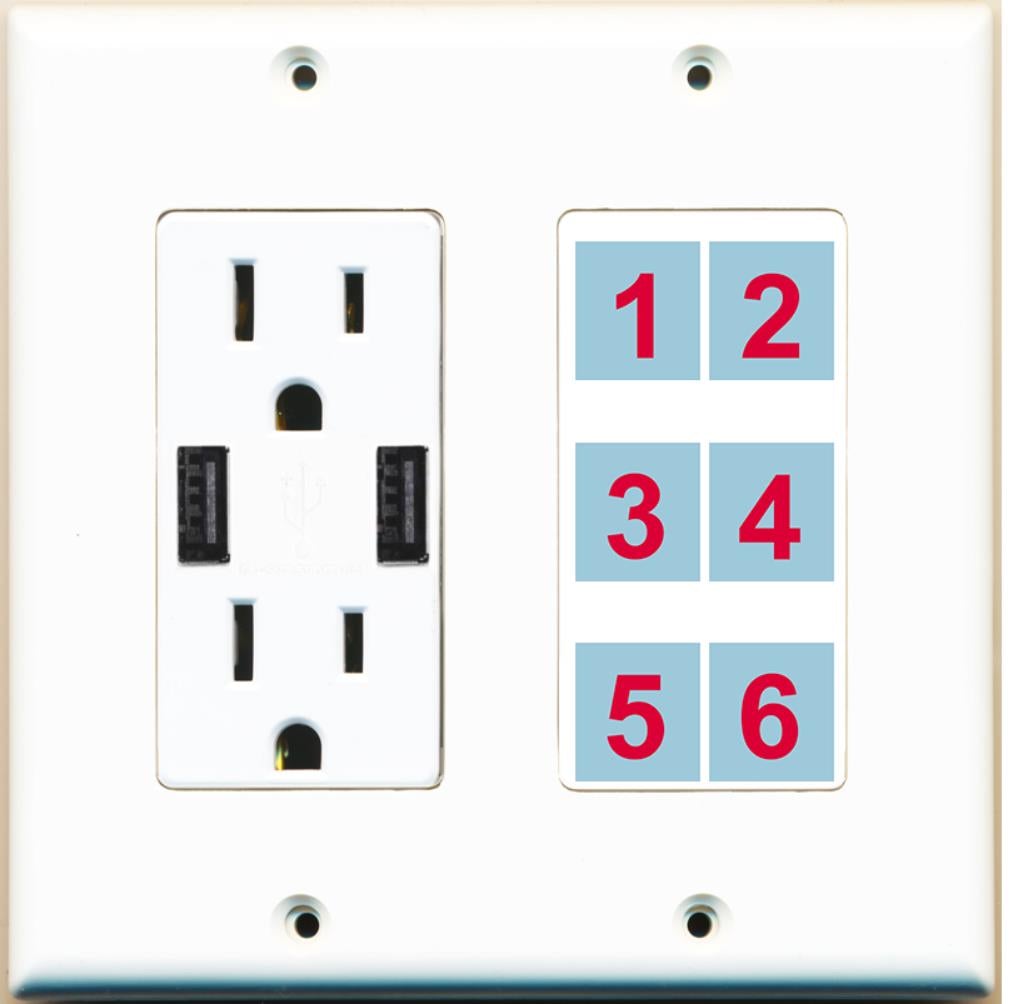 6 Port Custom Keystone Wall Plate w/2 USB Charger Power Outlet