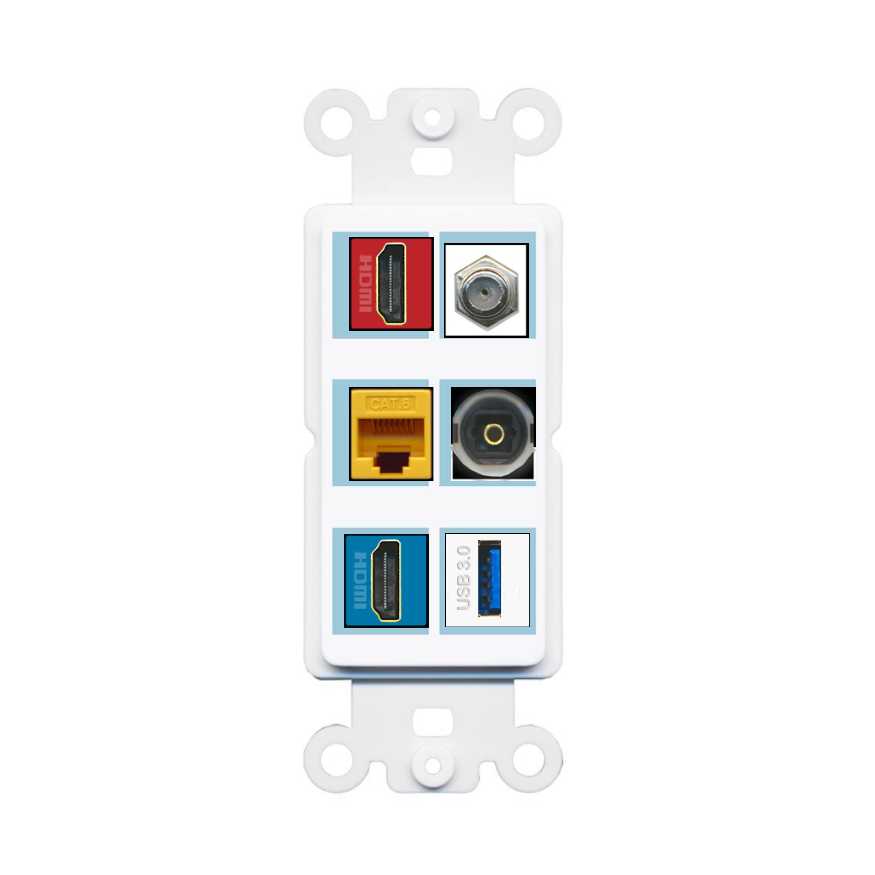 6 Port Custom Keystone Wall Plate DecorZ Rocker White
