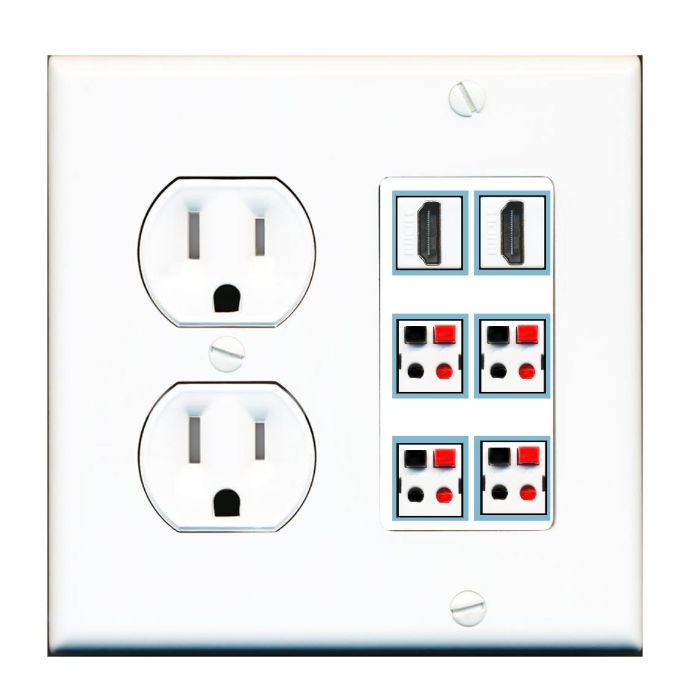 6 Port Custom Keystone Wall Plate w/Tamper Resistant Round Power Outlet