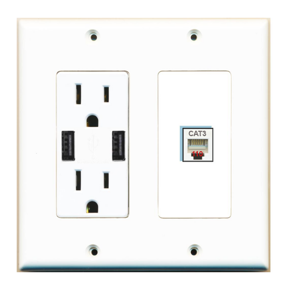 1 Port Custom Keystone Wall Plate w/2 USB Charger Power Outlet