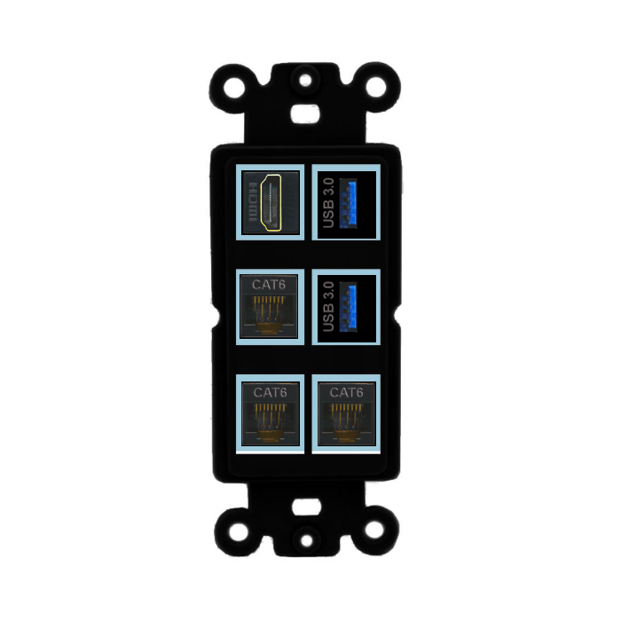 6 Port Custom Keystone Wall Plate DecorZ Rocker Black