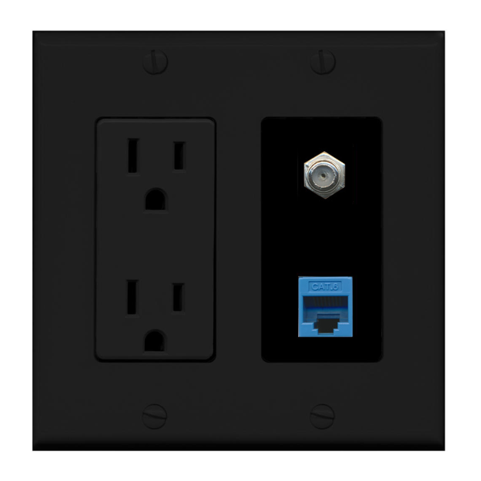 2 Port Custom Keystone Wall Plate w/DecorZ Power Outlet Black