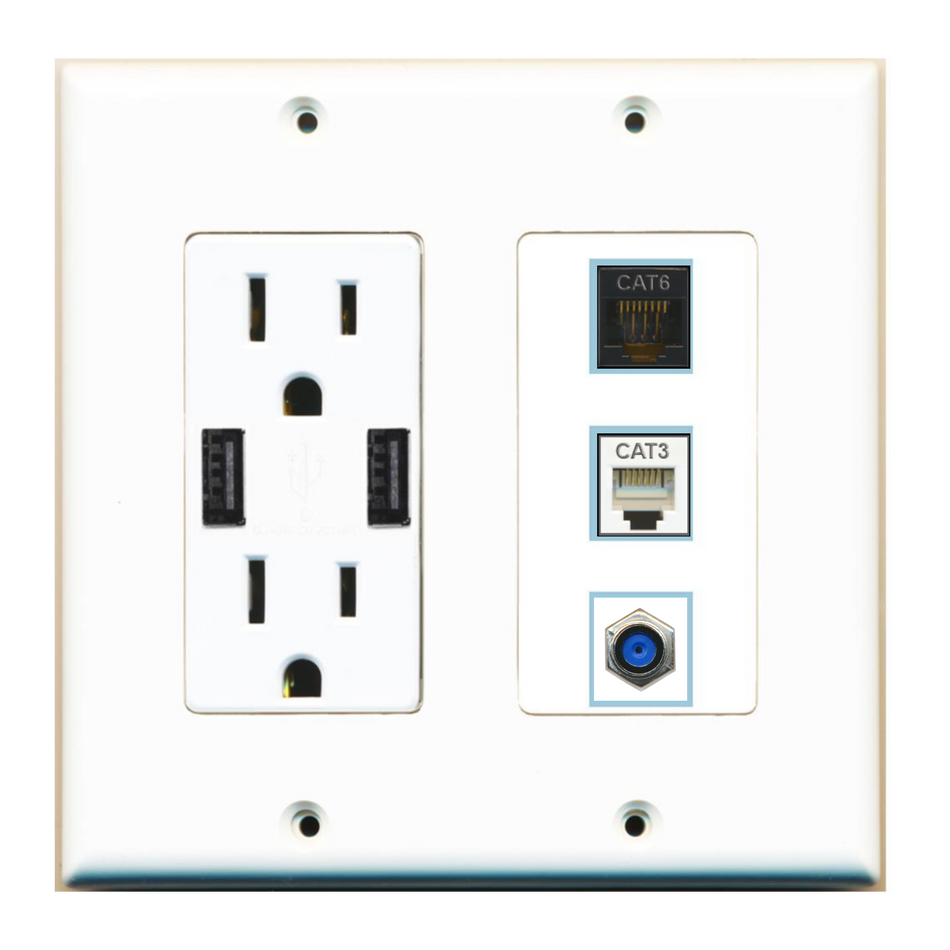 3 Port Custom Keystone Wall Plate w/2 USB Charger Power Outlet