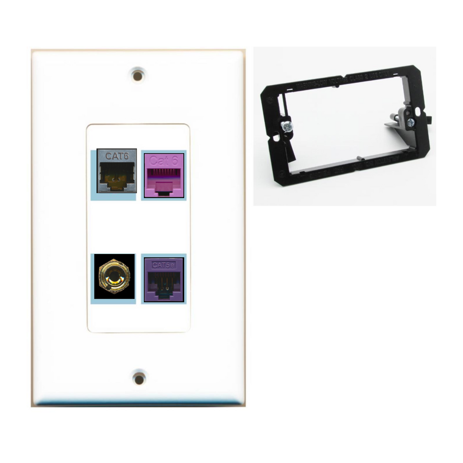 4 Port Custom Keystone Wall Plate DecorZ White w/Mounting Bracket